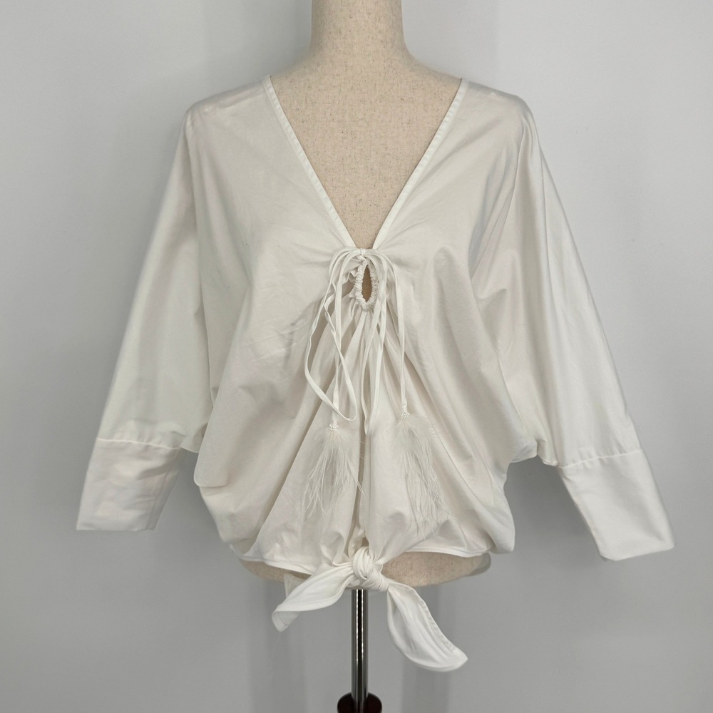 Andres Otalora V-Neck Blouse Size 6 White Tie Front Feather Batwing Poplin Top